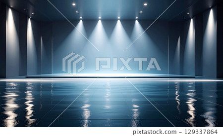 藍色發光舞台和聚光燈照亮的未來主義空間背景 129337864