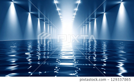 藍色發光舞台和聚光燈照亮的未來主義空間背景 129337865