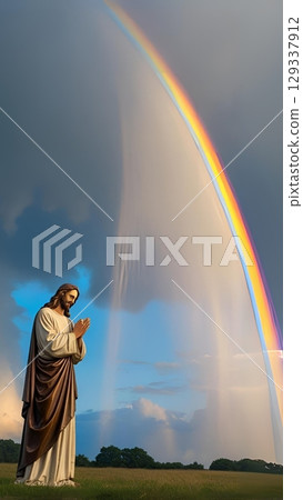 Jesus Christ praying under a big rainbow 129337912