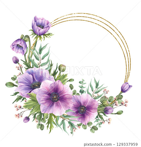 Watercolor purple Anemones flowers with pink buds twig and eucalyptus leaves gold framed wreath. Romantic circle frame template for wedding, greeting card, label Isolated hand painted illustration 129337959