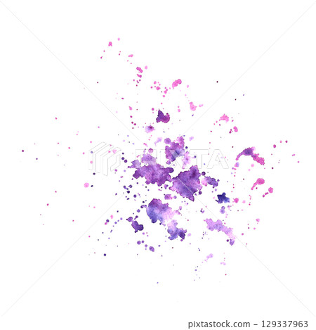 Watercolor Purple, rose and pink splashes, stains, spot abstract hand painted Illustration. Aquarelle transparent grunge, brush stroke for fabric, texture backgrounds, scrapbooking. Isolated on white 129337963