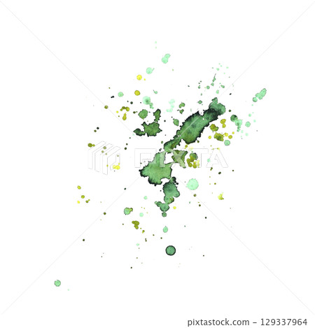 Watercolor green spots and splashes abstract hand drawn background. Olive, grass nature yellow brush stroke, stains. Aquarelle transparent grunge for your texture design Isolated on white illustration 129337964