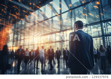 blurred business people walking at a trade fair, conference or walking in a modern hall 129337978