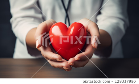doctor holding a red heart in his hands. hands hold a red heart 129337980