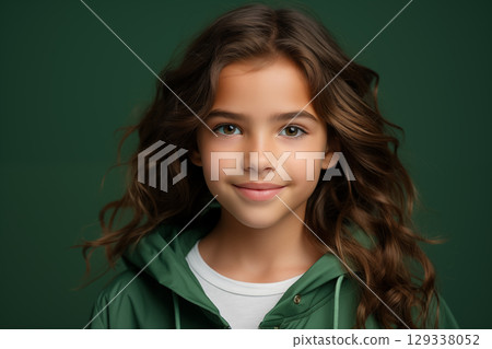 Close-up photo of a girl on green background. teenage girl Close-up photo of a girl on green background. teenage girl 129338052