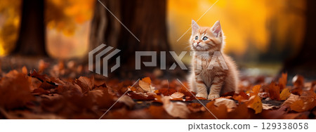 kitten sitting in autumn leaves. autumn leaves 129338058
