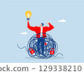 Businessman hold lightbulb answer on complicated messy.Solving complex problem,escaping from a messily tangled tight rope vector 129338210