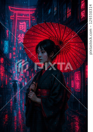 穿著和服的女人撐著紅傘 129338314
