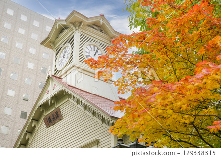 Sapporo clock tower in autumn 129338315