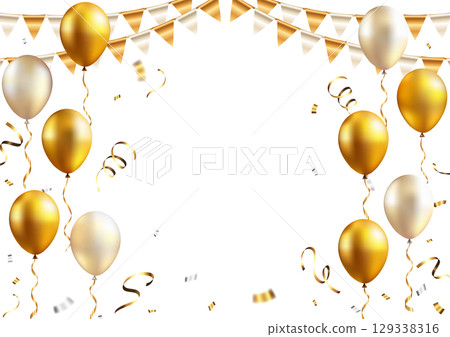Luxury festive frame of gold and white balloons and confetti 129338316