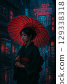 A woman in a kimono holding a red umbrella 129338318