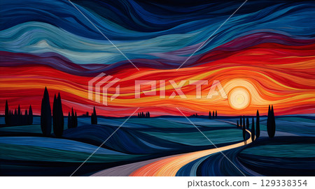 Colorful watercolor painting of hills, river and sunset 129338354