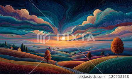 Colorful watercolor painting of hills, river and sunset 129338358