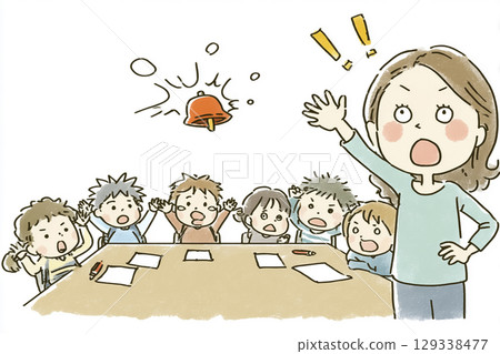 A teacher calmly guides the startled kindergarten children who hear the emergency bell (disaster prevention training) 129338477