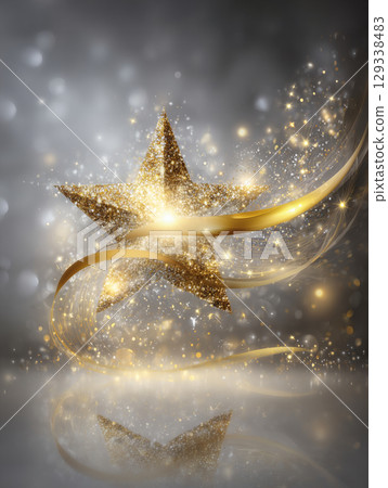 Golden background with five-pointed stars and ribbons 129338483
