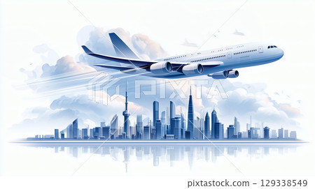 飛機飛過城市上空插畫 129338549