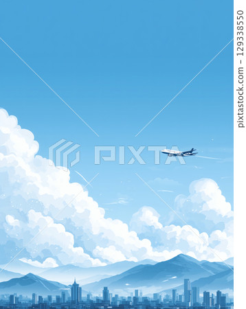 飛機飛過城市上空插畫 飛機飛過城市上空插畫 129338550