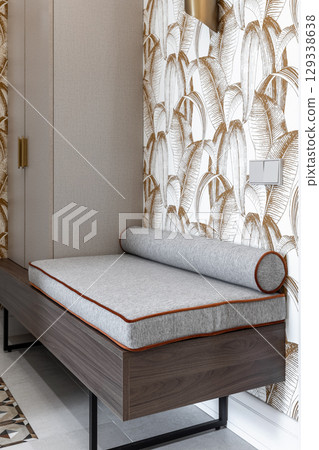 Modern Entryway Bench with Cushion and Patterned Wallpaper Modern Entryway Bench with Cushion and Patterned Wallpaper 129338638