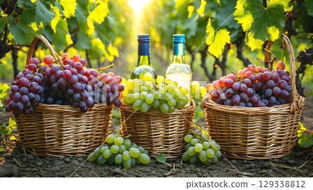 葡萄收穫和葡萄酒瓶 葡萄收穫和葡萄酒瓶 129338812