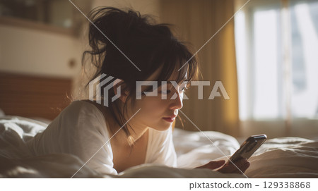 A woman lying face down on the bed and looking at her smartphone 129338868