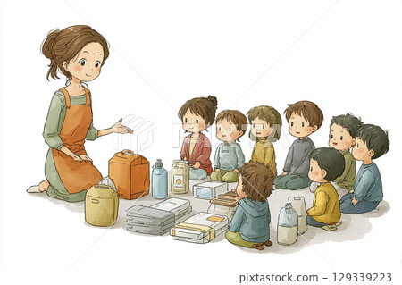 A mother lays out her disaster preparedness kit and explains it to her children (while they listen) 129339223