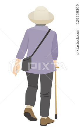 Rear view of an elderly woman walking with a cane Rear view of an elderly woman walking with a cane 129339309