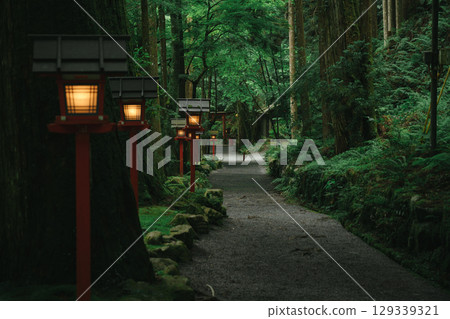 Traditional lanterns at Kifune Shrine in summer evening in Kyoto, Japan 129339321