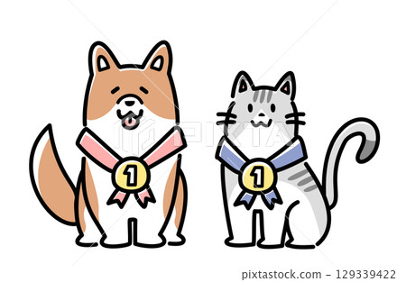 一隻狗和一隻貓拿著金牌的向量插圖 129339422