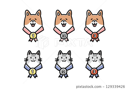 一隻狗和一隻貓佩戴獎牌的向量插圖 129339426