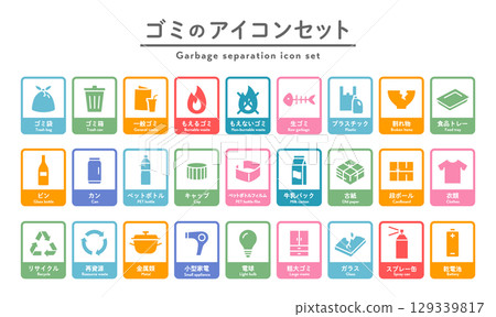 Garbage sorting icon set illustration: burnable garbage, non-burnable garbage, non-burnable garbage, combustible garbage, plastic, cans, PET bottles Garbage sorting icon set illustration: burnable garbage, non-burnable garbage, non-burnable garbage, combustible garbage, plastic, cans, PET bottles 129339817