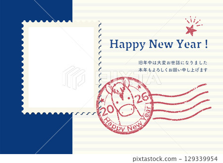 Year of the Horse stamp-style photo frame New Year's card (with accompanying text) Year of the Horse stamp-style photo frame New Year's card (with accompanying text) 129339954