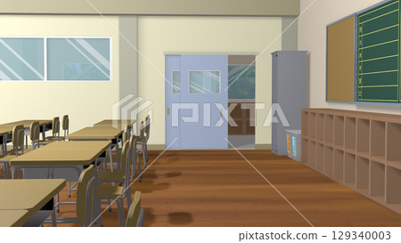 可用作動畫背景的教室場景（放學後，望向後門） 129340003