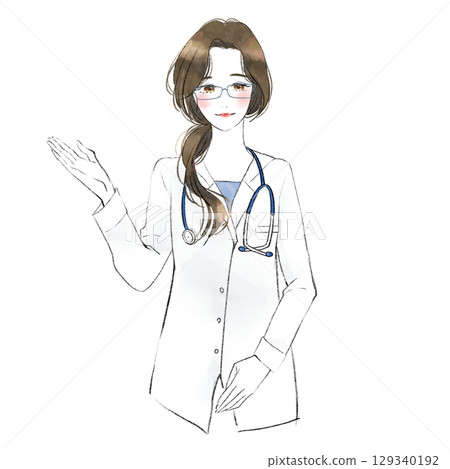Illustration of a smiling female doctor guiding Illustration of a smiling female doctor guiding 129340192