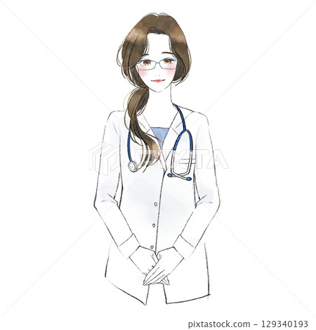 Illustration of a smiling female doctor bowing Illustration of a smiling female doctor bowing 129340193
