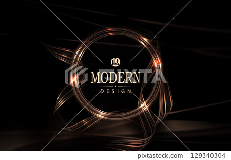 Composition with a round gold frame with shiny ribbons on a black background 129340304