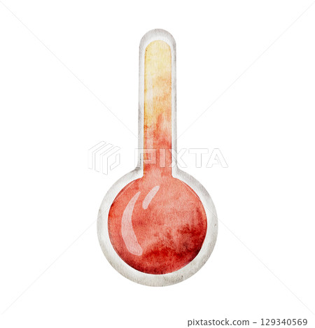 Watercolor thermometer indicating hot temperature on a transparent background. Icon Summer Weather Climate Forecast Meteorology Thermal Measurement Watercolor Illustration 129340569