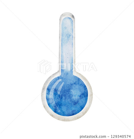 Watercolor thermometer indicating cold temperature on a transparent background. Icon Winter Weather Climate Forecast Meteorology Thermal Measurement Watercolor Illustration 129340574