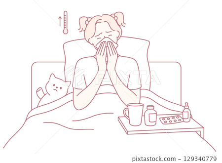 An Illustration Depicting a Sick Day Scenario Featuring a Cat and Various Medicine Items 129340779