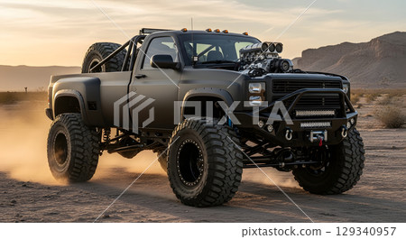 A large pickup truck illuminated by the setting sun 129340957