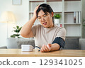 An Asian woman uses a portable blood pressure monitor in her living room. Health awareness concept. 129341025