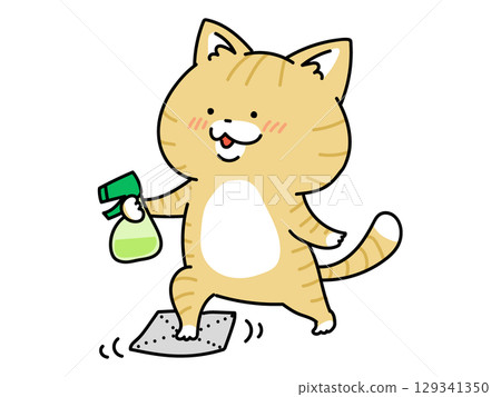 Lazy cleaning: A cat wiping the floor with its paws 129341350