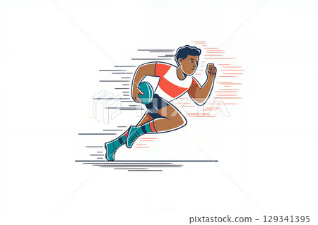 Rugby player running, cartoon comics book flat style illustration logo. Graphic design element ready for printing. 129341395