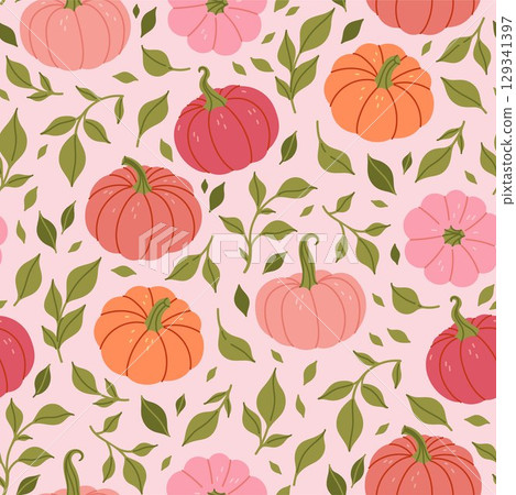 Seamless light pattern pumpkins and leaves. Vector graphics. Seamless light pattern pumpkins and leaves. Vector graphics. 129341397