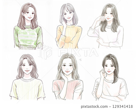Watercolor and hand-drawn illustration material set of women and girls 129341418