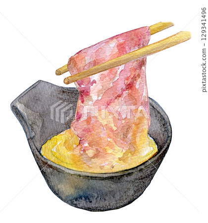 水彩插圖：壽喜燒和打好的雞蛋 129341496