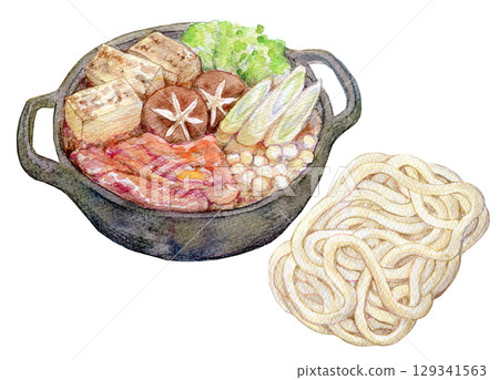 壽喜燒和烏龍麵的水彩插圖 壽喜燒和烏龍麵的水彩插圖 129341563