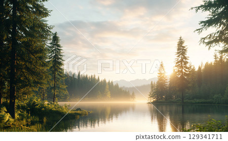 lake in mountains at sunset. coniferous forest reflecting on the water surface in evening light. AI Generated. lake in mountains at sunset. coniferous forest reflecting on the water surface in evening light. AI Generated. 129341711