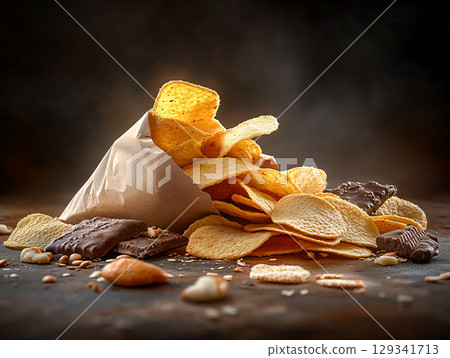 Potato chips in paper bag stack. unhealthy snacks. AI Generated. 129341713