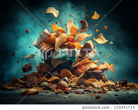 Chaotic pile of unhealthy snacks, such as potato chips, cookies, and chocolates, spilling out of open bags and wrappers. AI Generated. 129341714