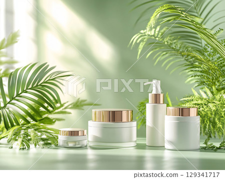 Organic skin care and spa concept with green palm leaves. AI Generated. 129341717